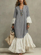 Women's Retro Striped Patchwork Lace Art Casual Stylish Cotton Linen Maxi Dress
