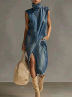 Women's Stand-collar Sleeveless Casual Loose Denim Dress