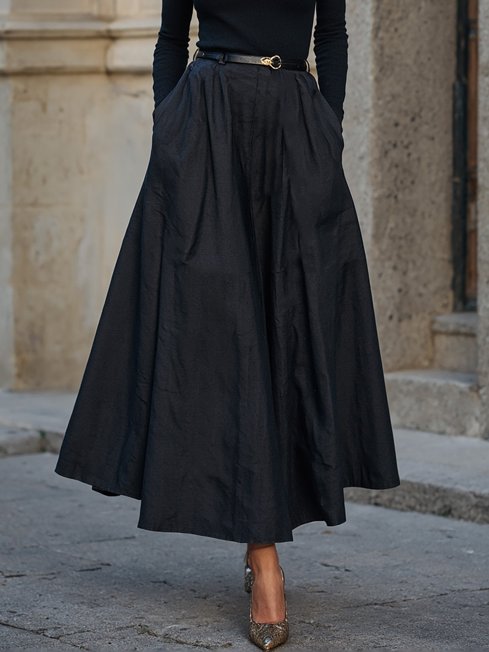 Maxi Dress, 100% Wool Top with Cotton Skirt, Long Sleeves, Round Neck, Plain, Belt Design, French Vintage, Black