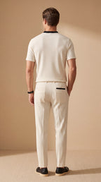Men's Casual Beige & Black Color Matching Short Sleeved Henry Collar T-Shirt & Trousers Two-Piece Set