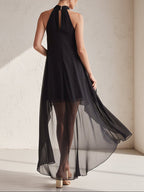 Elegant Minimalist-Style Chiffon Halter Dress with High-Low Hem