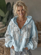 Women's Vintage White Rose Embroidery Cozy Warm Zipper Hoodie
