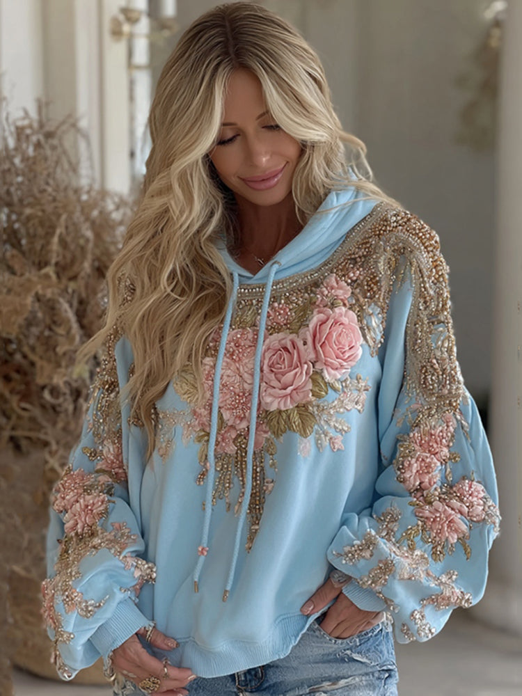 Women's Vintage Pink Flower Embroidery Art Long Sleeve Hoodie