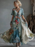 Women's Vintage Gradient  Blossoms Embroidered Cotton And Linen Maxi Dress