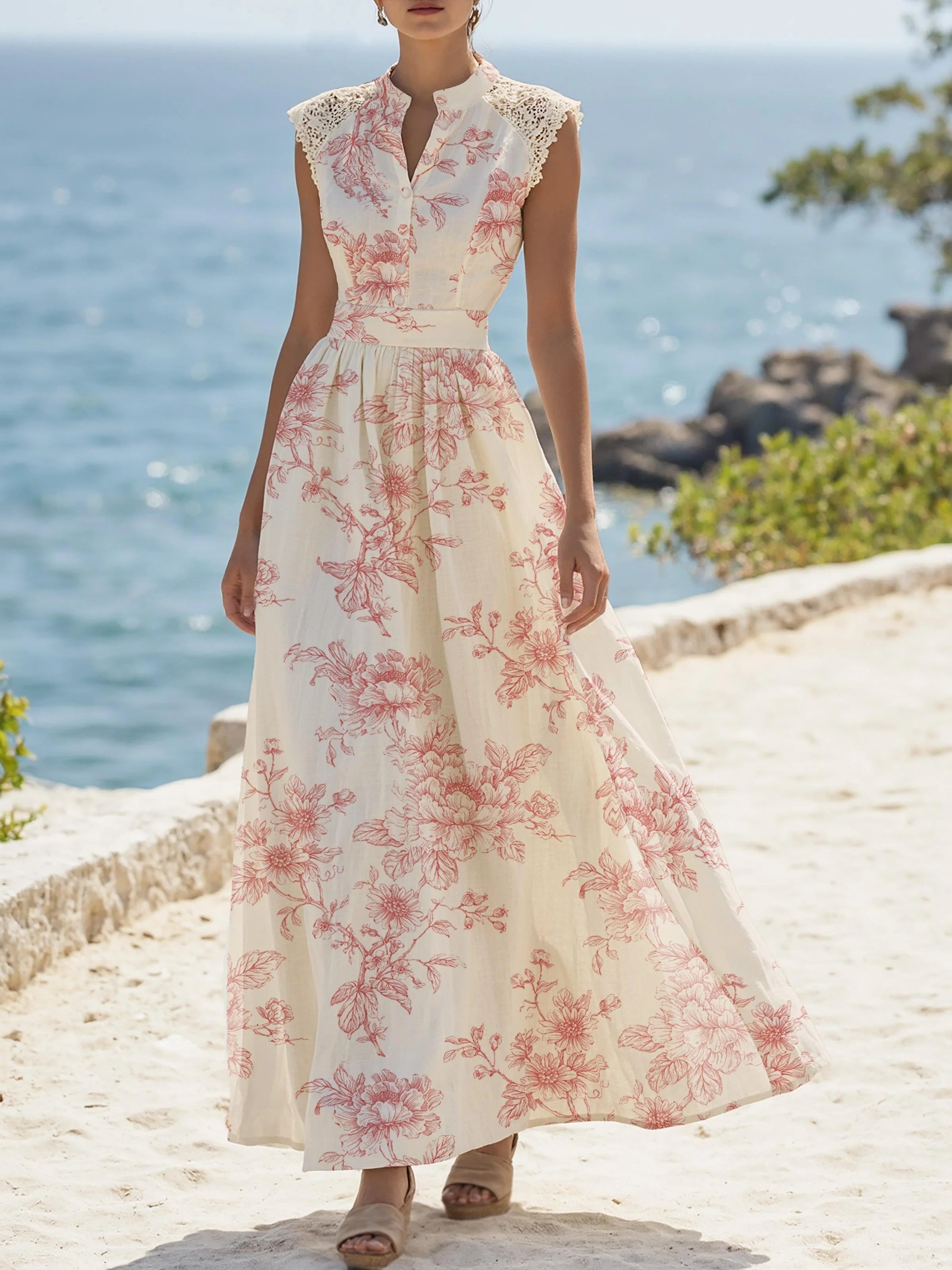 (SIZE:XS-XXL) Maxi Linen Dress , Cap Sleeves, Stand Collar, Floral, Lace, Vintage, Apricot