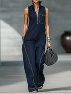 Women's Stand-collar Sleeveless Casual Loose Cotton And Linen Jumpsuit