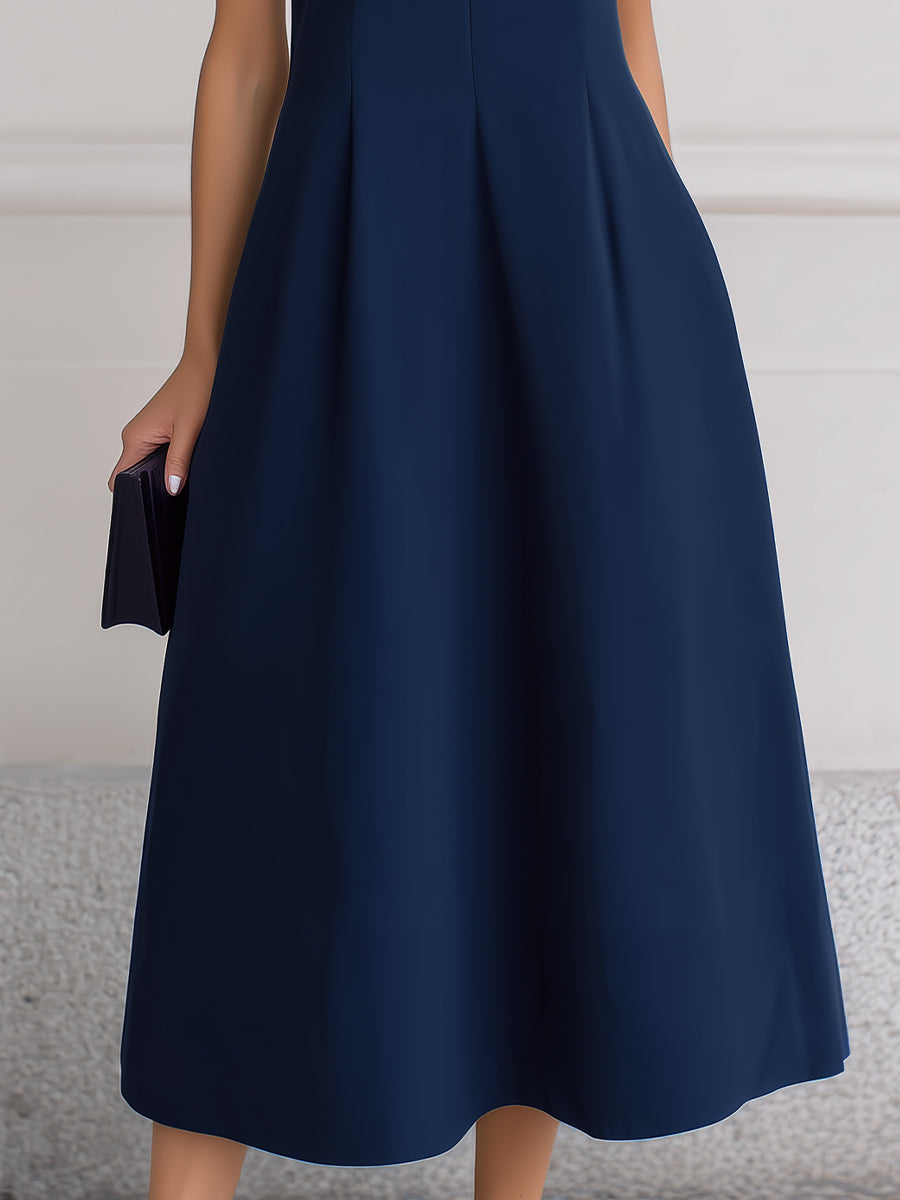 Sleeveless Deep V-Neck Inverted Pleat A-Line Midi Dress