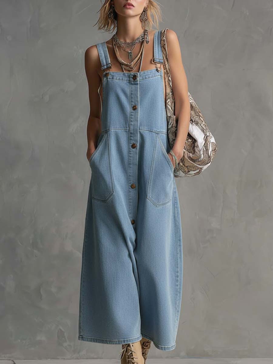 Women's Casual Loose Sleeveless Denim Overalls Dress