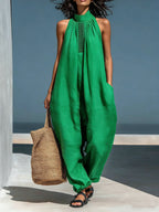 Women's Stand-up Collar Sleeveless Casual Loose Cotton And Linen Wide-leg Jumpsuit