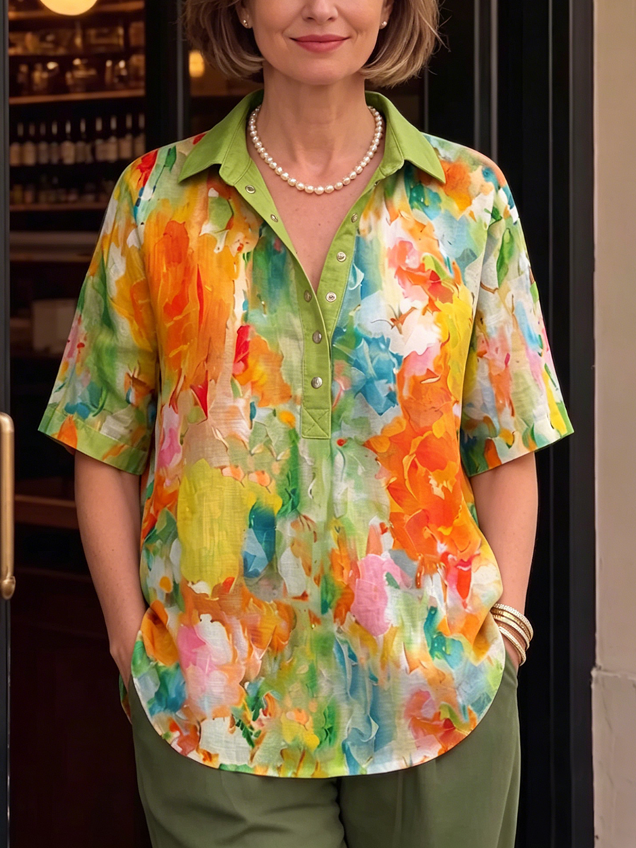 Casual Snap Buttons Watercolor Print Cotton-linen Blouse