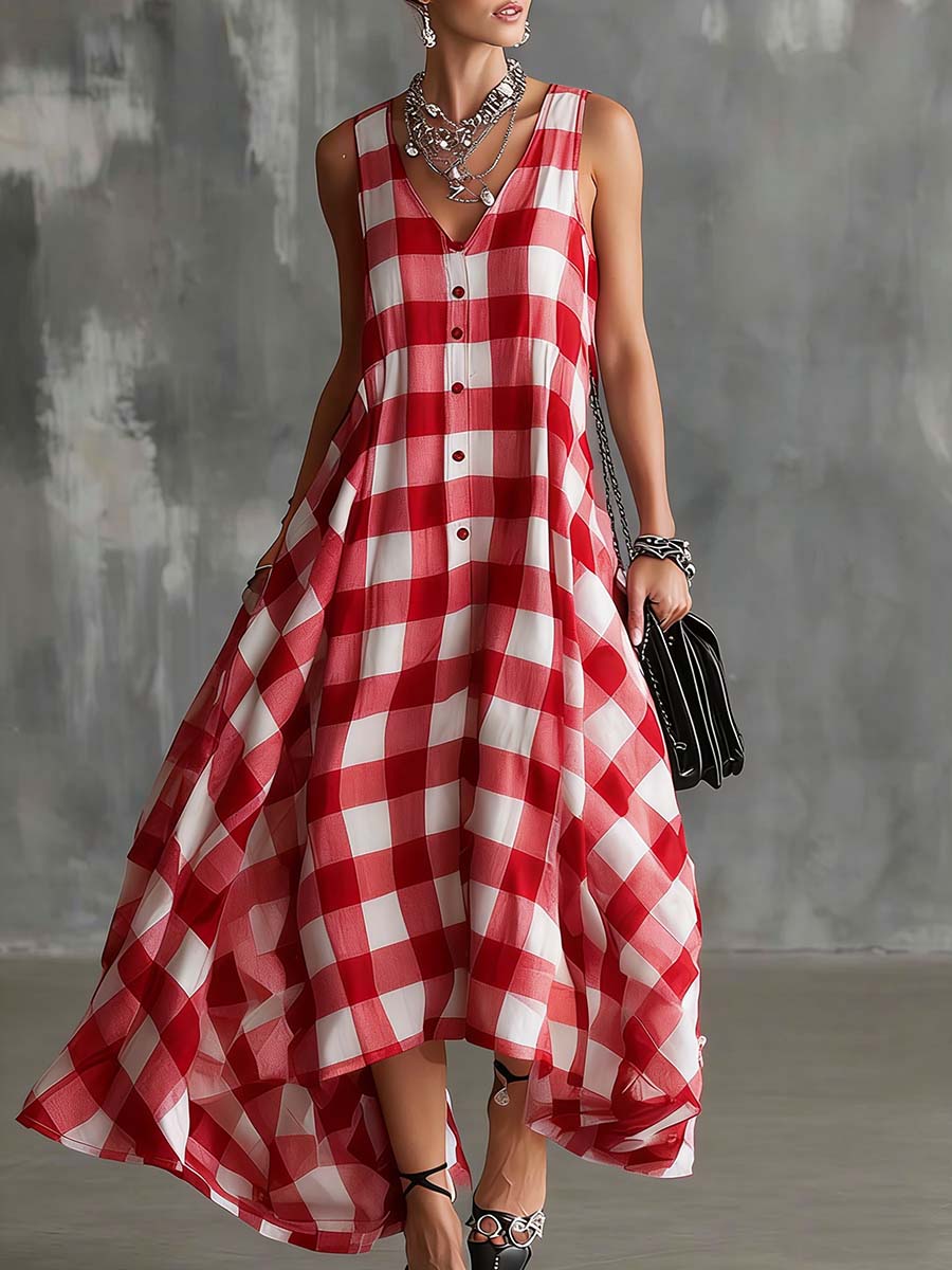 Women's V-neck Sleeveless Plaid Print Casual Loose Cotton Linen Dress