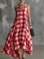 Women's V-neck Sleeveless Plaid Print Casual Loose Cotton Linen Dress