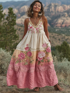 Pink Flowers Embroidered Vintage Linen Suspender Long Skirt