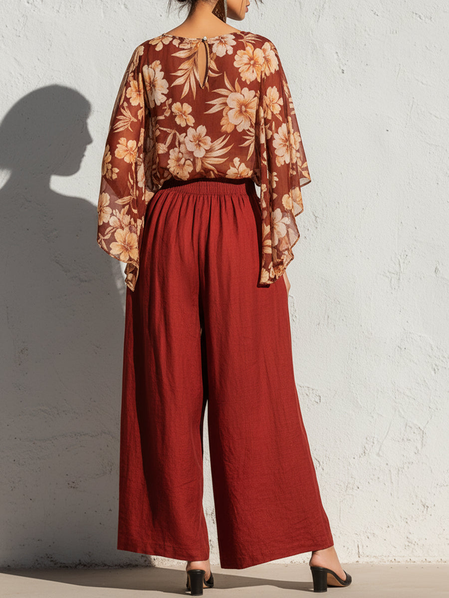 Elegant Chiffon Printed Top And Wide-Leg Pants Set