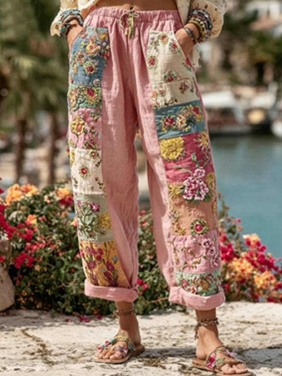 Women's Bohemian Floral Embroidery Art Contrast Color Linen Blend Casual Pants