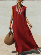 Vintage-style Vacation Floral Print Loose Cotton-linen Dress