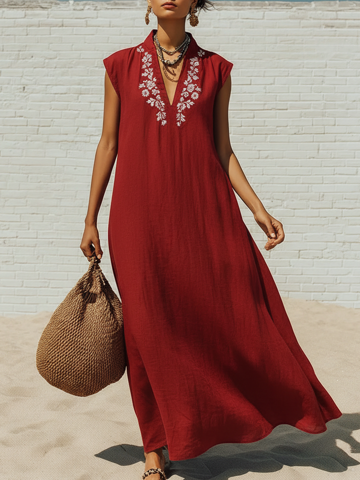 Vintage-style Vacation Floral Print Loose Cotton-linen Dress