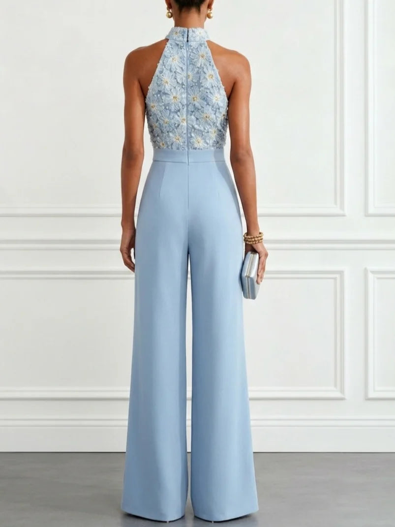 Women Light Blue 3D Floral Halter Neck Sleeveless Dressy Jumpsuit