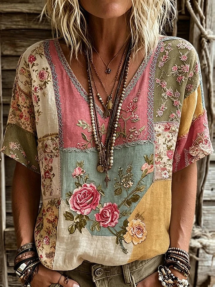 Women's Vintage Bohemian Patchwork Floral Art Linen Blend T-shirt