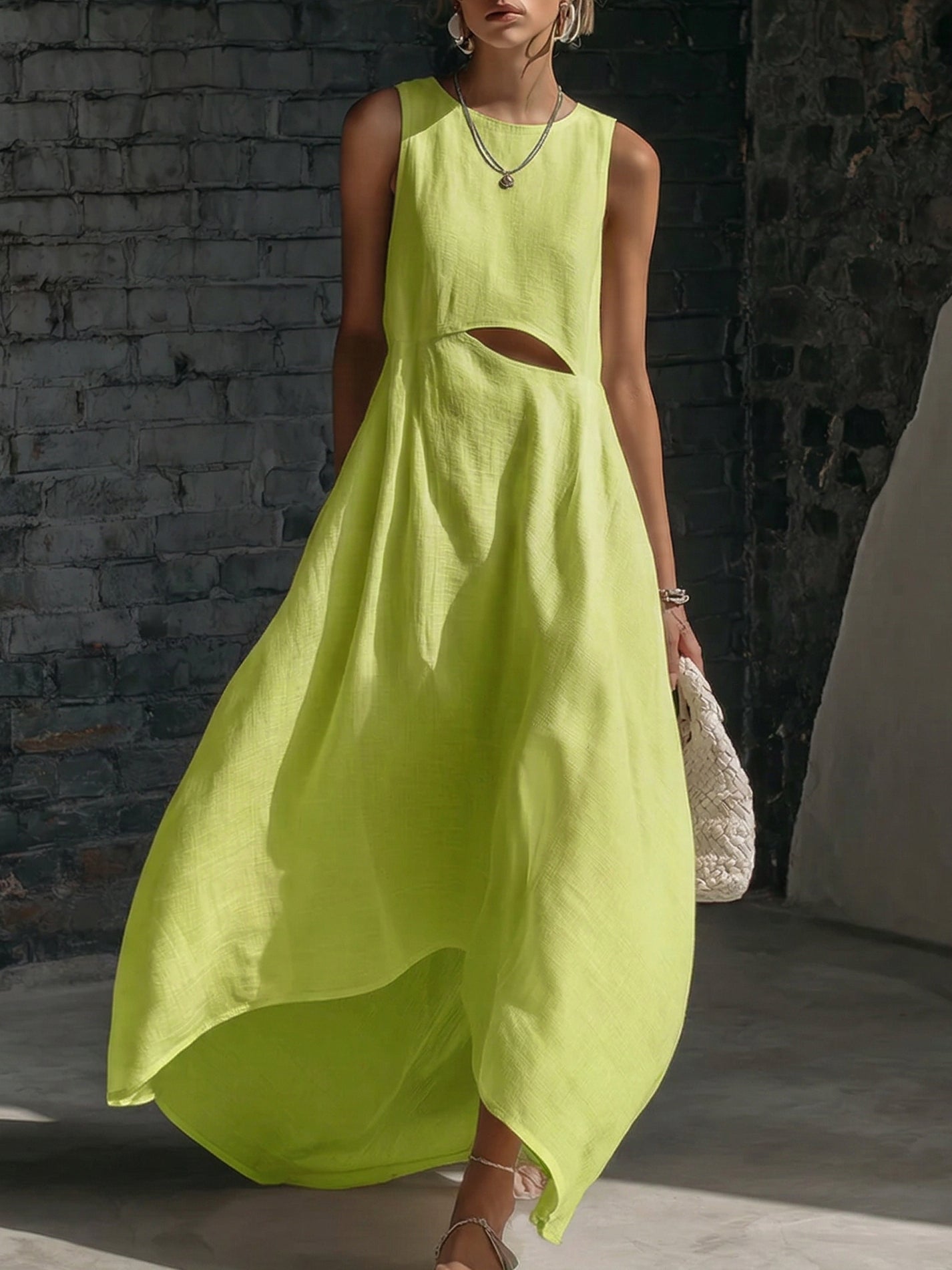 Stylish Minimalist Cutout Waist Linen-cotton Dress