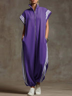 Women's Stand-collar Short-sleeved Casual Loose Cotton Wide-leg Jumpsuit
