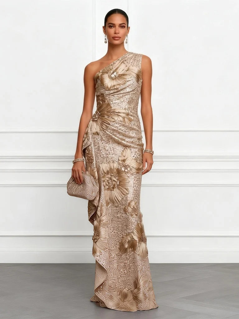 Champagne 3D Floral Sequin One Shoulder Sleeveless Mermaid Floor-length Gown Dress