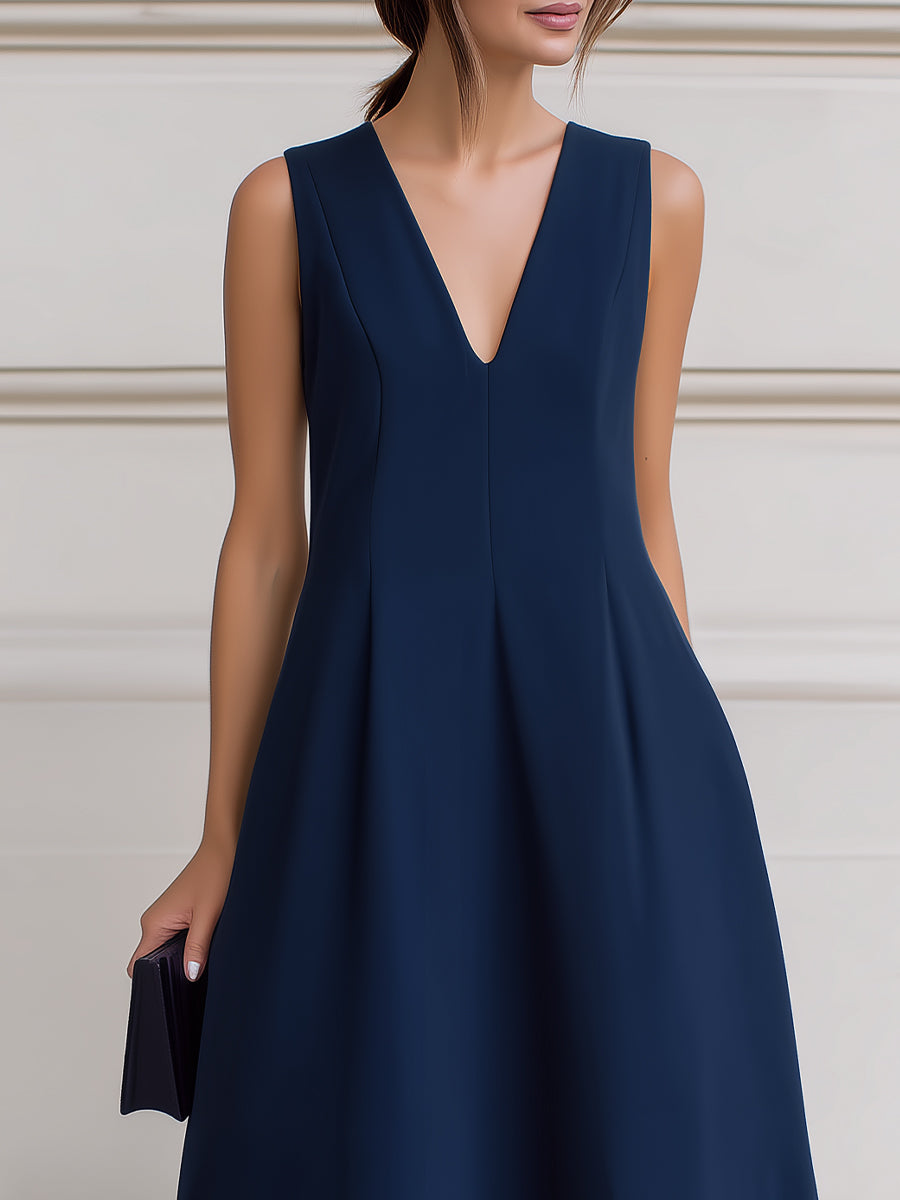 Sleeveless Deep V-Neck Inverted Pleat A-Line Midi Dress