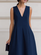 Sleeveless Deep V-Neck Inverted Pleat A-Line Midi Dress