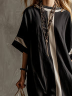 Stylish Urban Patchwork Black Cotton And Linen Short-sleeved Maxi Dress