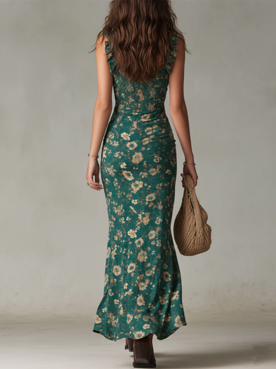 Retro Retro Boho Floral Print Asymmetrical Hem Maxi Dress