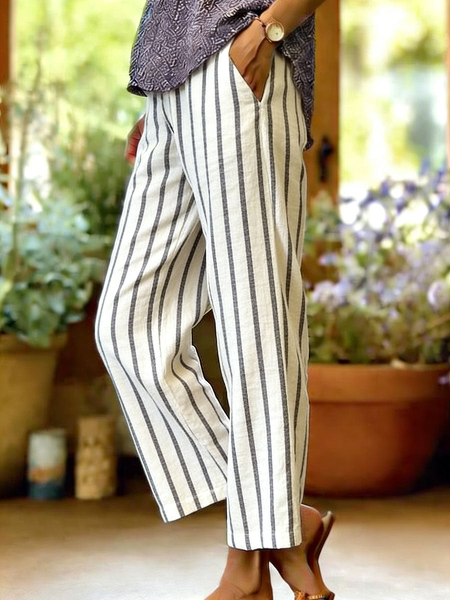 Women's Stripe Cotton-linen Solid Color Elastic Waist Pockets Straight Leg Loose-fit Casual Trousers