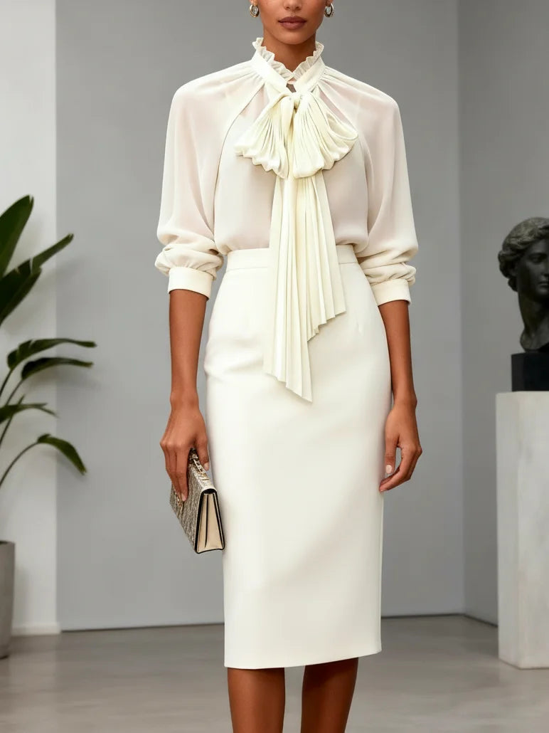 Women Beige Bow Pleated Tie Neck Sleeveless Elegant Top With Skirt Two-Piece Set
