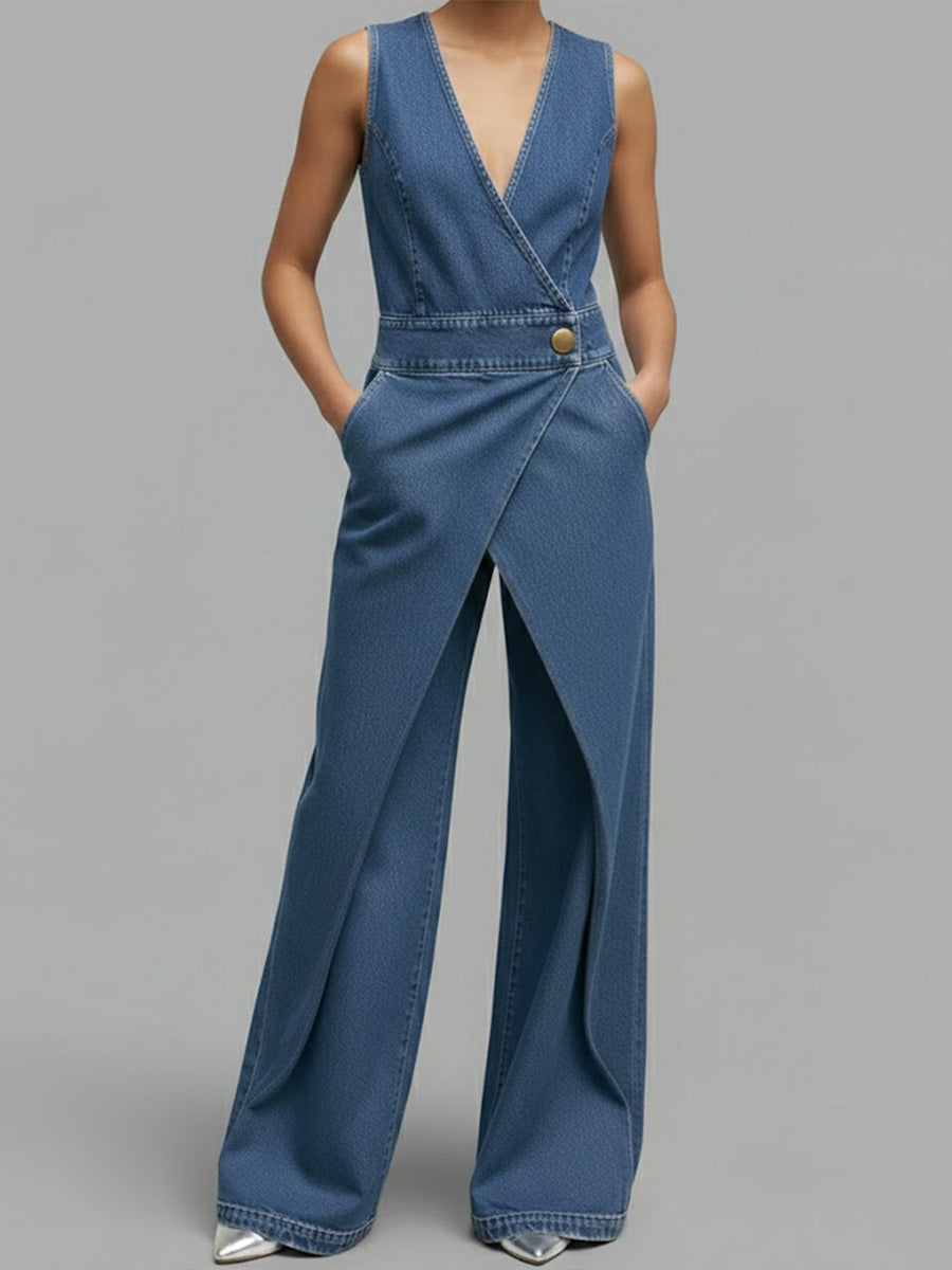 Women's V-neck Sleeveless Casual Loose Denim Wide-leg Jumpsuit