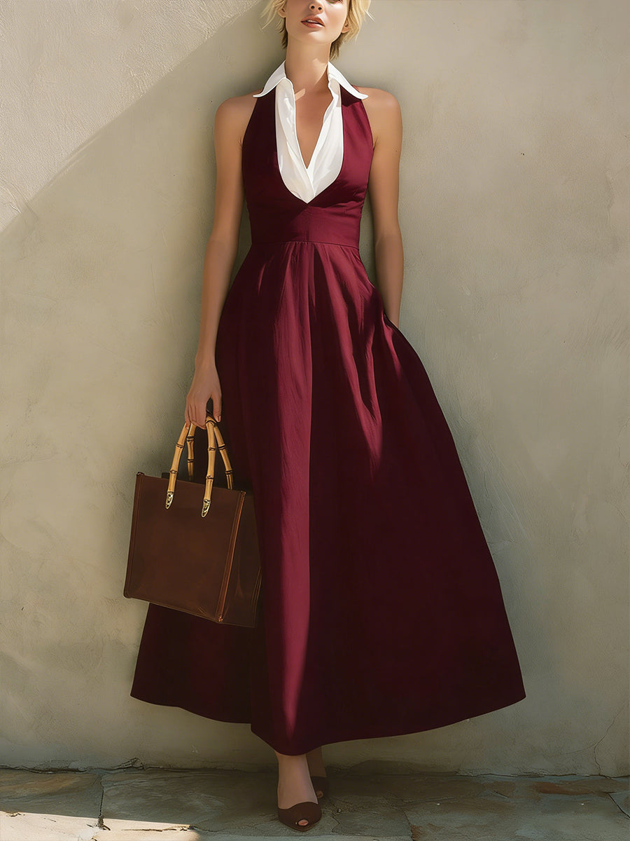 Fashionable Patchwork White Collar Sleeveless Cotton Dress