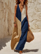 Color-block V-neck Sleeveless Cotton-linen Maxi Dress