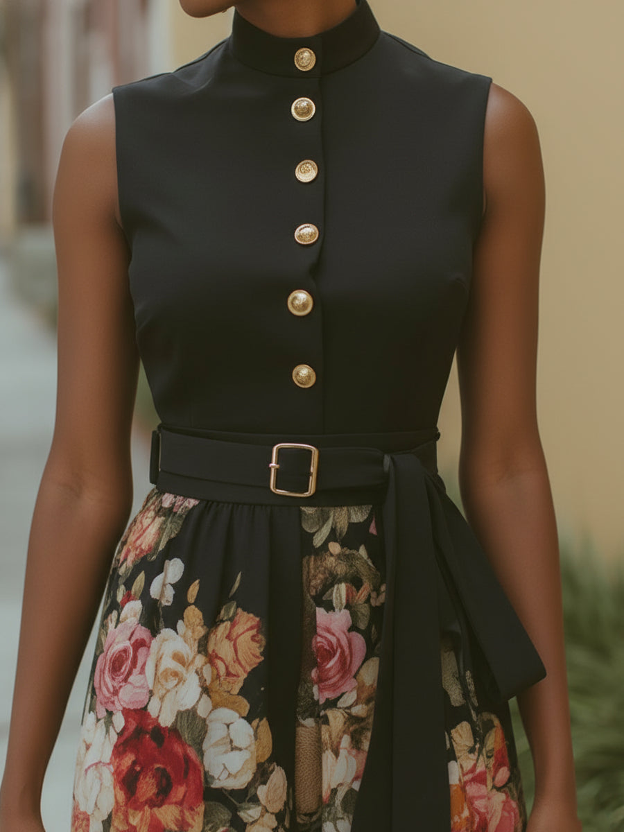 French Elegant Chiffon Floral Print Maxi Dress With Belt