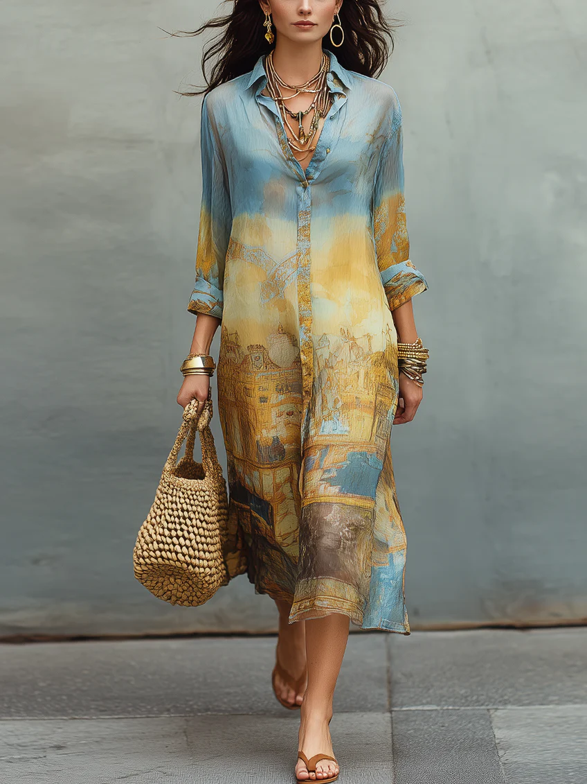 Baroque Blue And Yellow Gradient Printed Chiffon Midi Dress