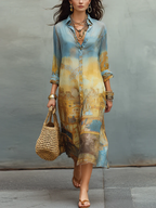 Baroque Blue And Yellow Gradient Printed Chiffon Midi Dress