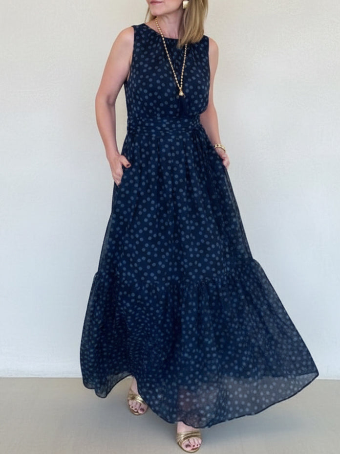 Elegant Polka Dot Print Belted Maxi Dress