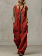 Women's V-neck Sleeveless Casual Loose Wide-leg Cotton And Linen Jumpsuit