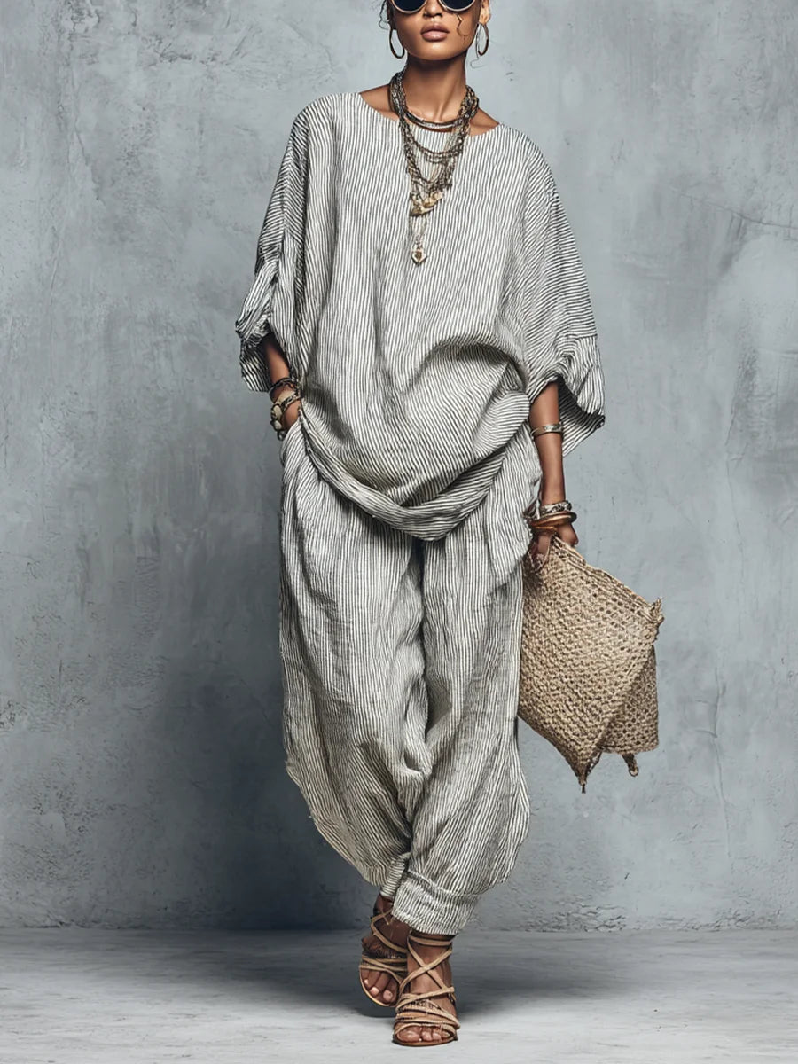 Women's Retro Striped Art Print Casual Top Shirt Pants Cotton And Linen Suits