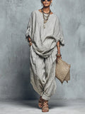 Women's Retro Striped Art Print Casual Top Shirt Pants Cotton And Linen Suits