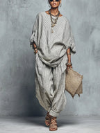 Women's Retro Striped Art Print Casual Top Shirt Pants Cotton And Linen Suits