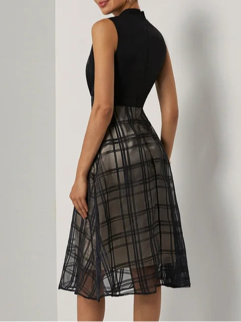 Black Organza Plaid Classic Sleeveless  Midi Dress