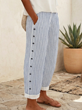 Casual & Cozy Striped Cotton-linen Pants With Side Buttons