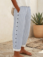 Casual & Cozy Striped Cotton-linen Pants With Side Buttons