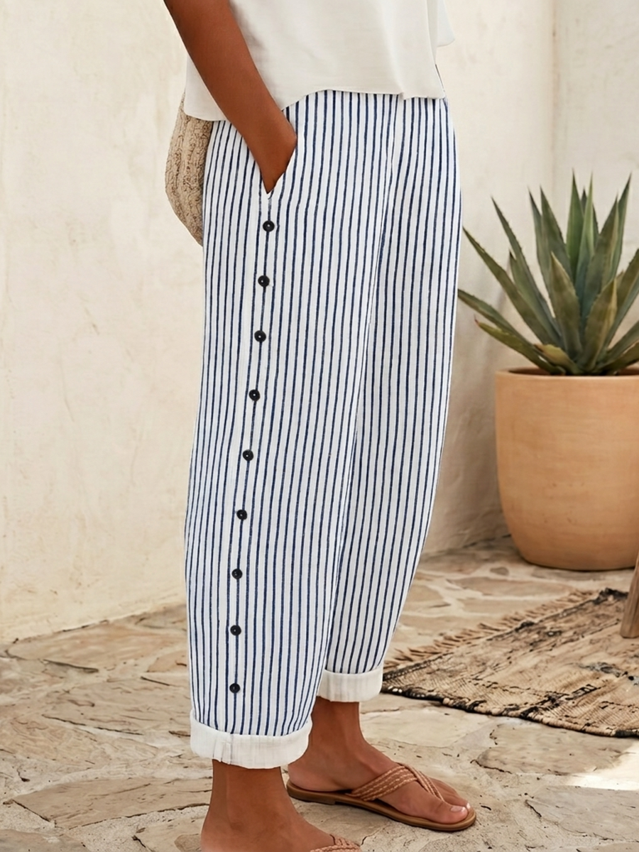 Casual & Cozy Striped Cotton-linen Pants With Side Buttons