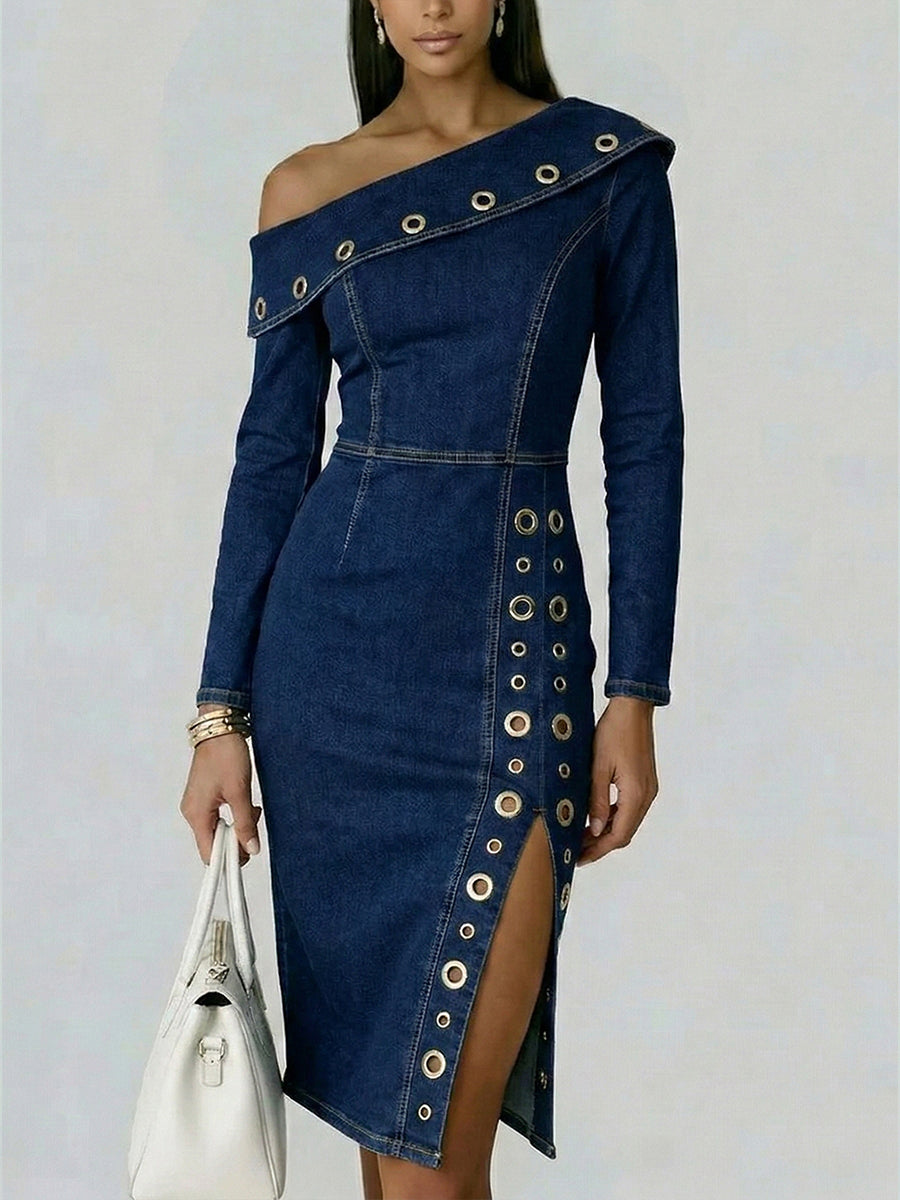 Stylish Off-shoulder Fitted Denim Dress