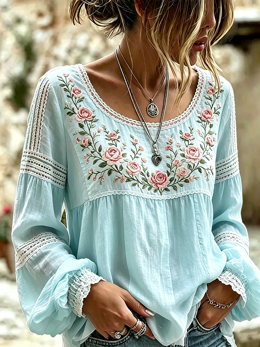 Women's Pastel Floral Lace Print Blouse
