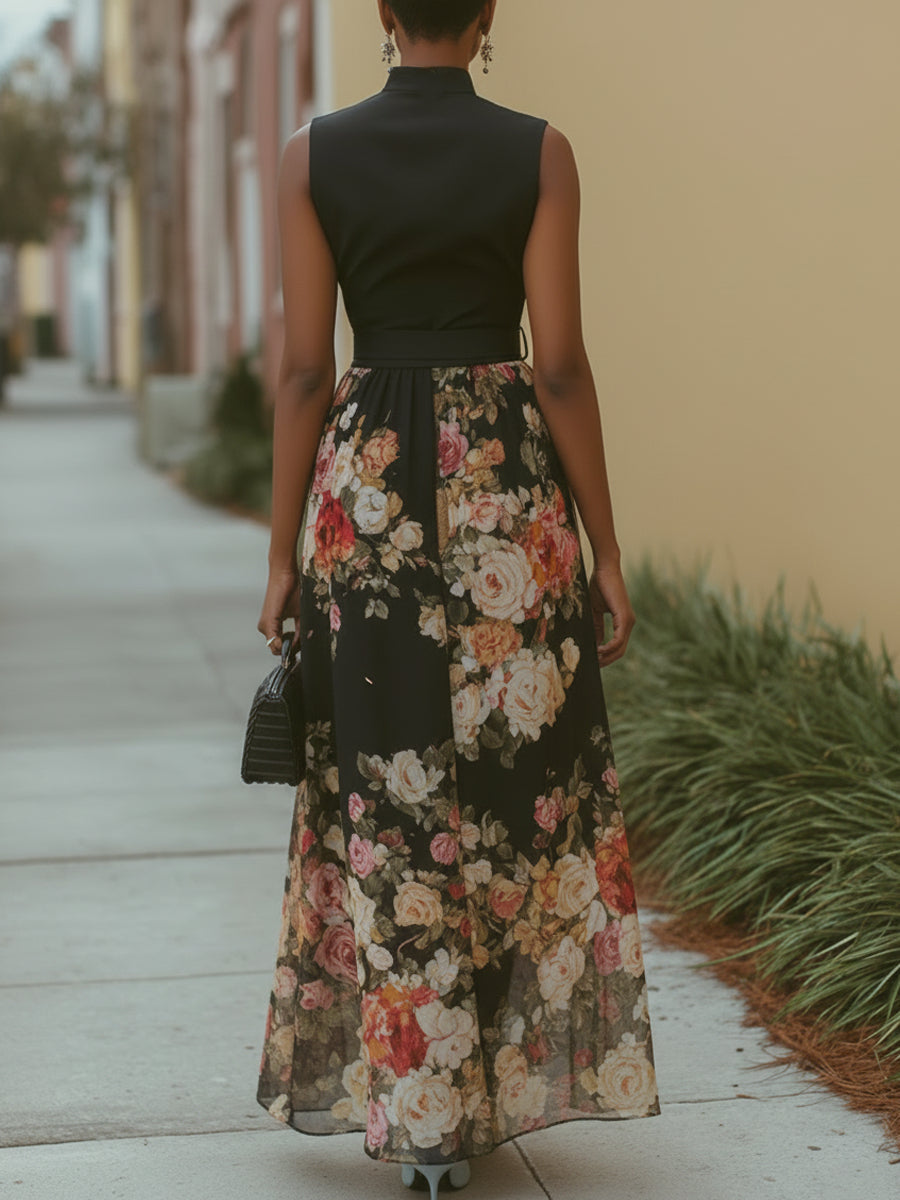French Elegant Chiffon Floral Print Maxi Dress With Belt